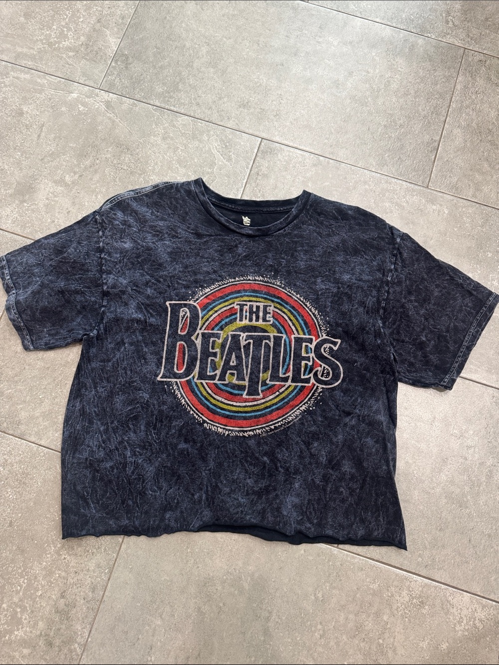 The Beatles Women’s Black Washed Logo Long Cropped Tee